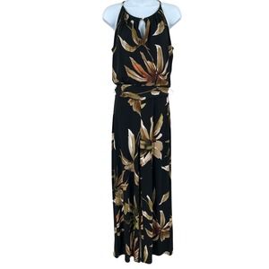 Tahari Halter Jumpsuit Womens XS Black Floral Wide Leg Tropical Resort Bohemian